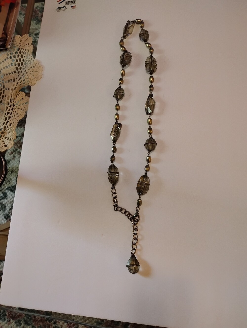 Smoky Beaded Drop Necklace in Gray and Antique Gold